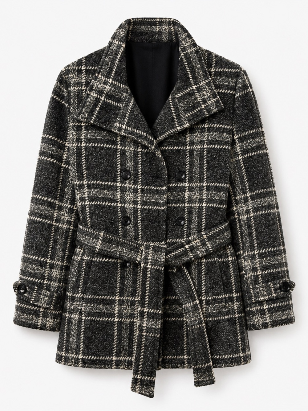 Lady Hathaway Plaid Belted Coat Jacket Size L/G Black Gray Cream